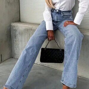 Light Wash Casual Women's Straight Leg Jeans With Pockets